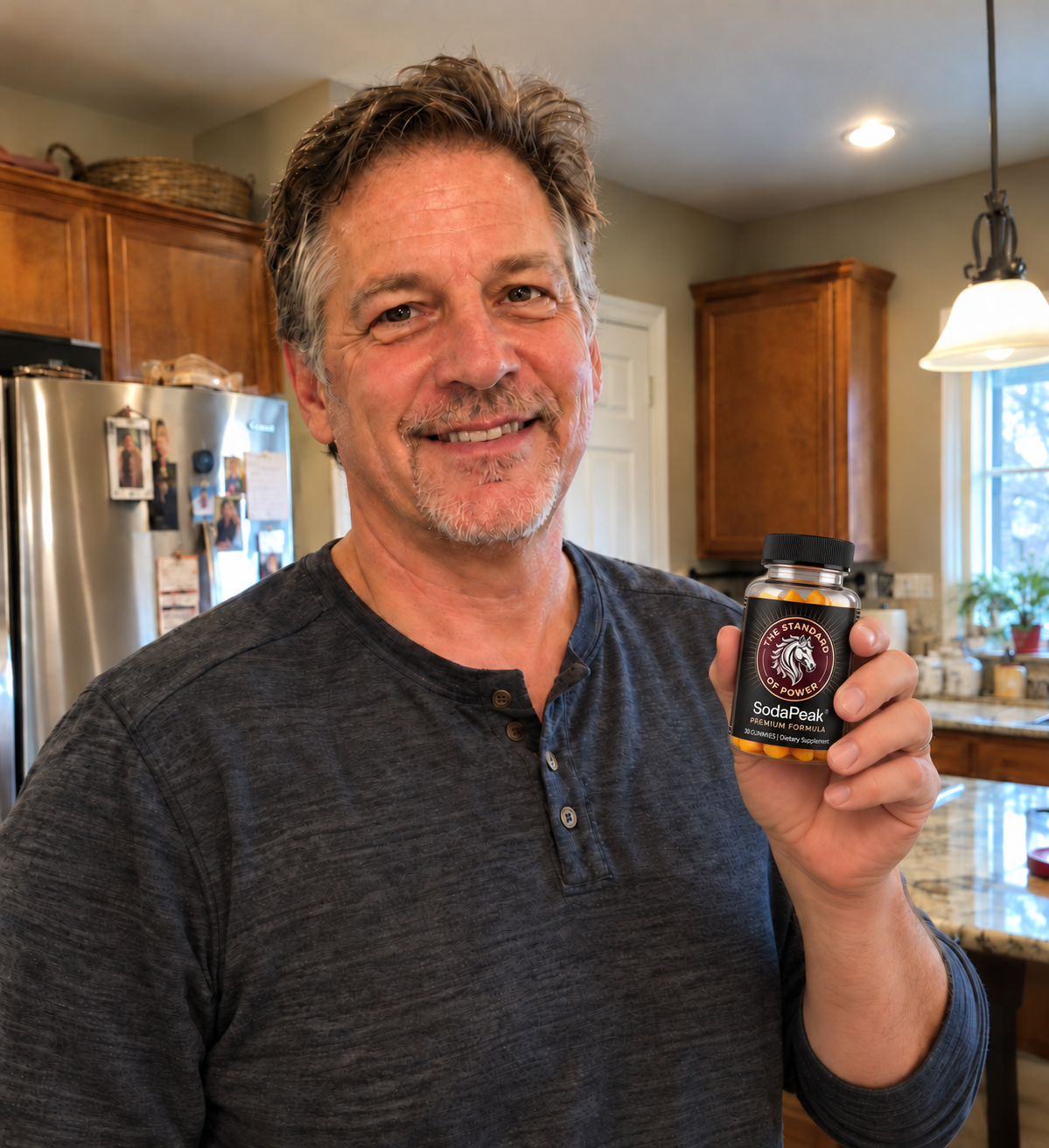 Greg holding a bottle of SodaPeak in his kitchen